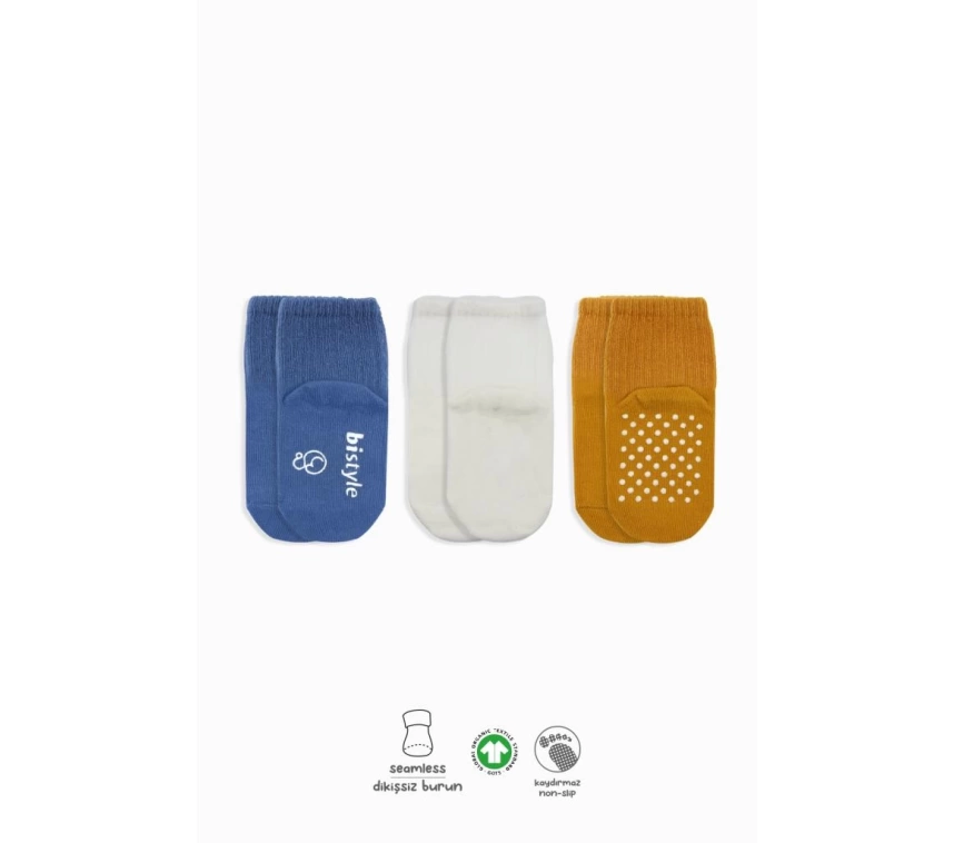 Nessiworld Bistyle Basic Kaymaz Penye Soket Çorap 3Lü BS10107 İndigo Ekru Hardal