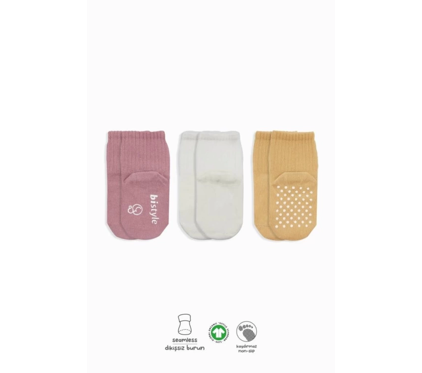 Nessiworld Bistyle Basic Kaymaz Penye Soket Çorap 3Lü BS10107 Pudra Ekru Somon