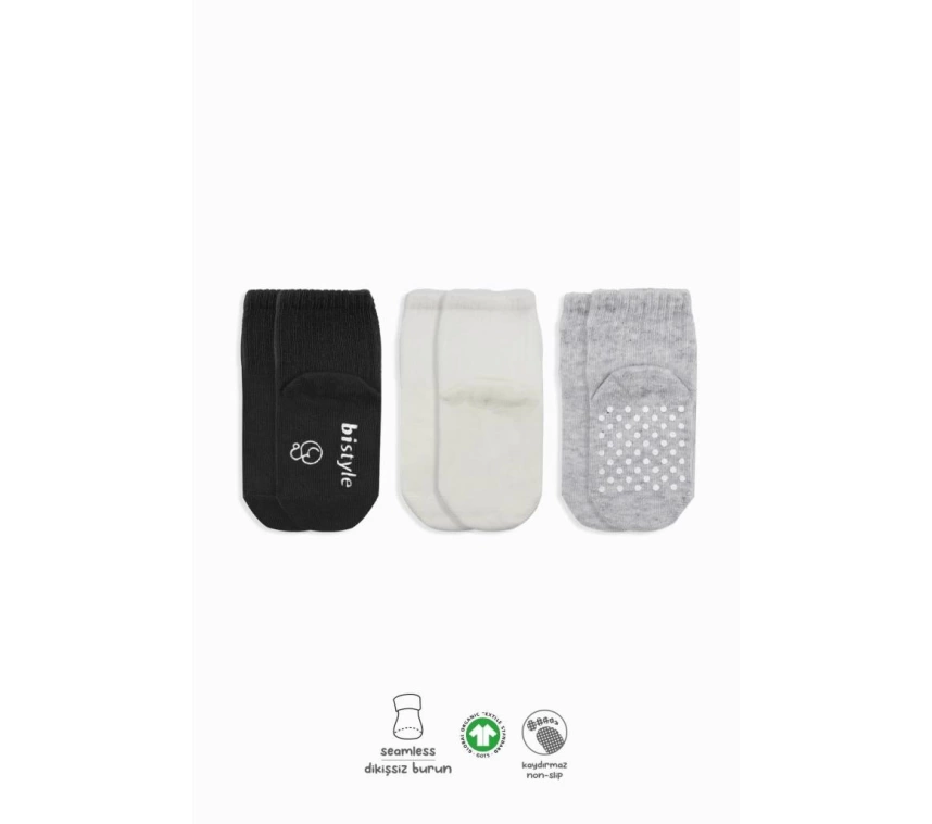 Nessiworld Bistyle Basic Kaymaz Penye Soket Çorap 3Lü BS10107 Siyah Ekru Gri