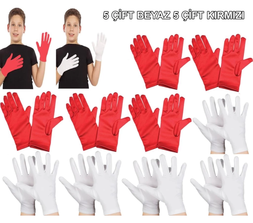 Nessiworld Çocuk Gösteri Eldiven Seti – 5 Çift Beyaz & 5 Çift Kırmızı