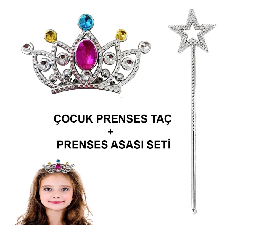 Nessiworld Çocuklar İçin Taraklı Prenses Tacı ve Prenses Yıldız Asa Seti Gümüş