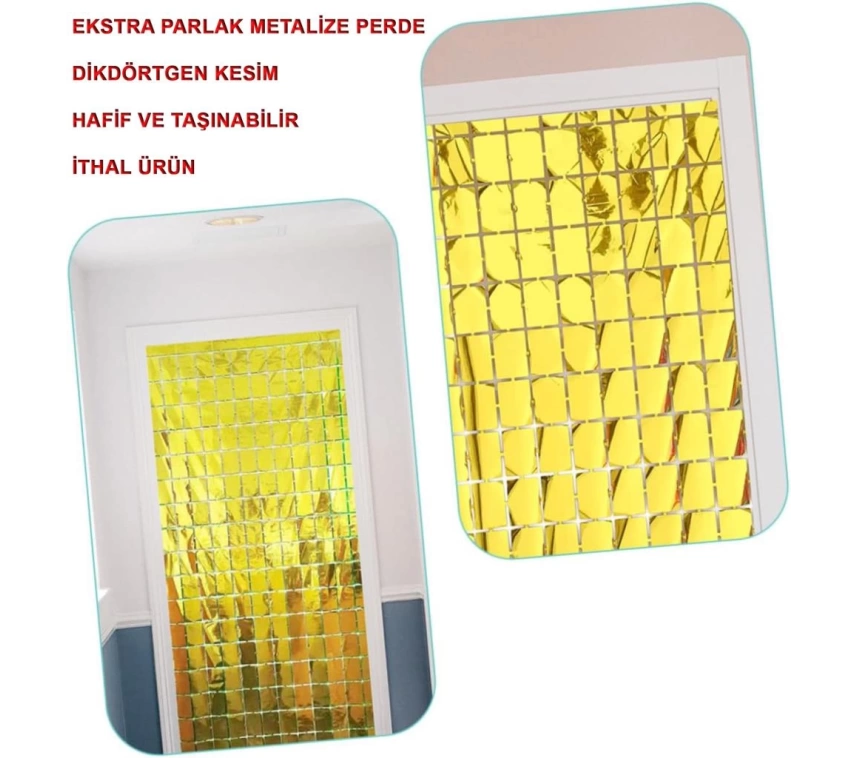 Nessiworld   Ekstra Metalize Altın Renk Disko Dikdörtgen Kesim Kapı Perdesi Dekorasyon 1x2 Metre