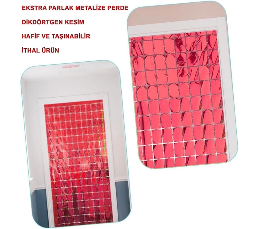 NessiWorld Ekstra Metalize Kırmızı Renk Disko Dikdörtgen Kesim Kapı Perdesi Dekorasyon 1x2 Metre