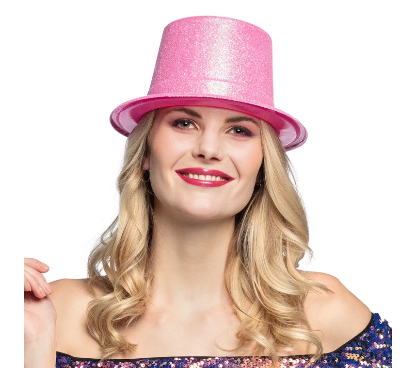 Nessiworld   Floresan Pembe Renk Simli Uzun Fötr Melon Şapka 12 cm