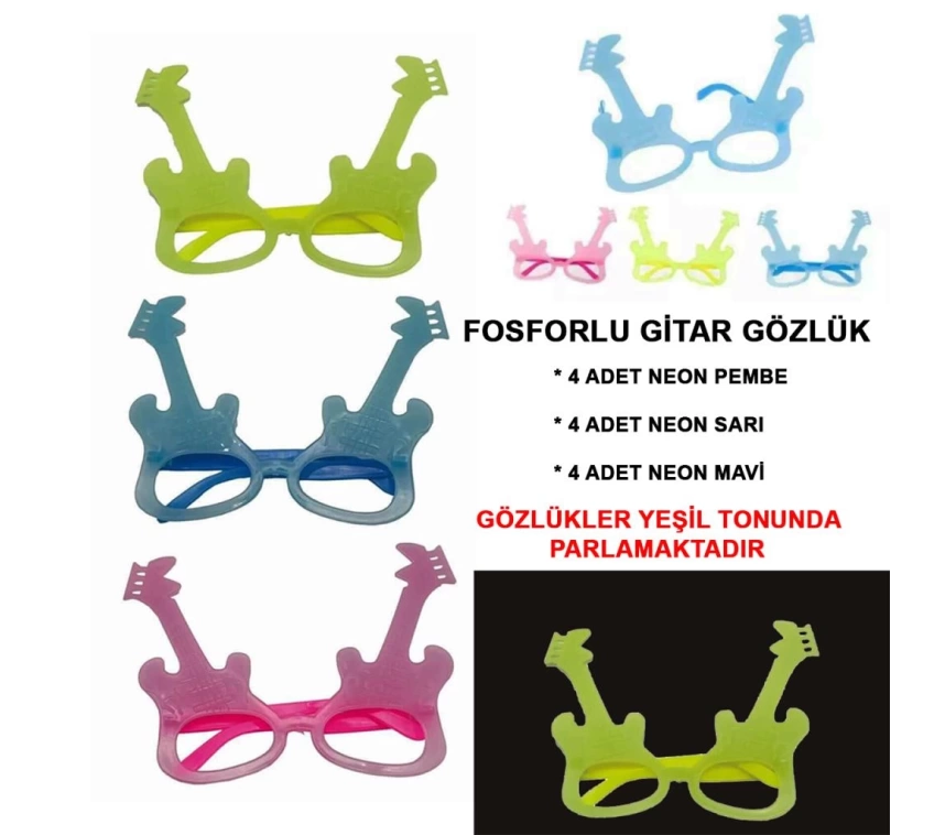 Nessiworld Fosforlu Gitar Model Glow Parti Gözlüğü Karanlıkta Yanan Gözlükler 12 Adet