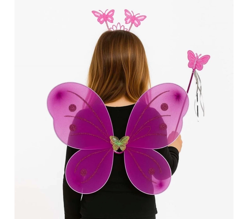 Nessiworld Fuşya Kelebek Kız Seti – 50 cm Kelebek Kanadı, Taç ve Asa