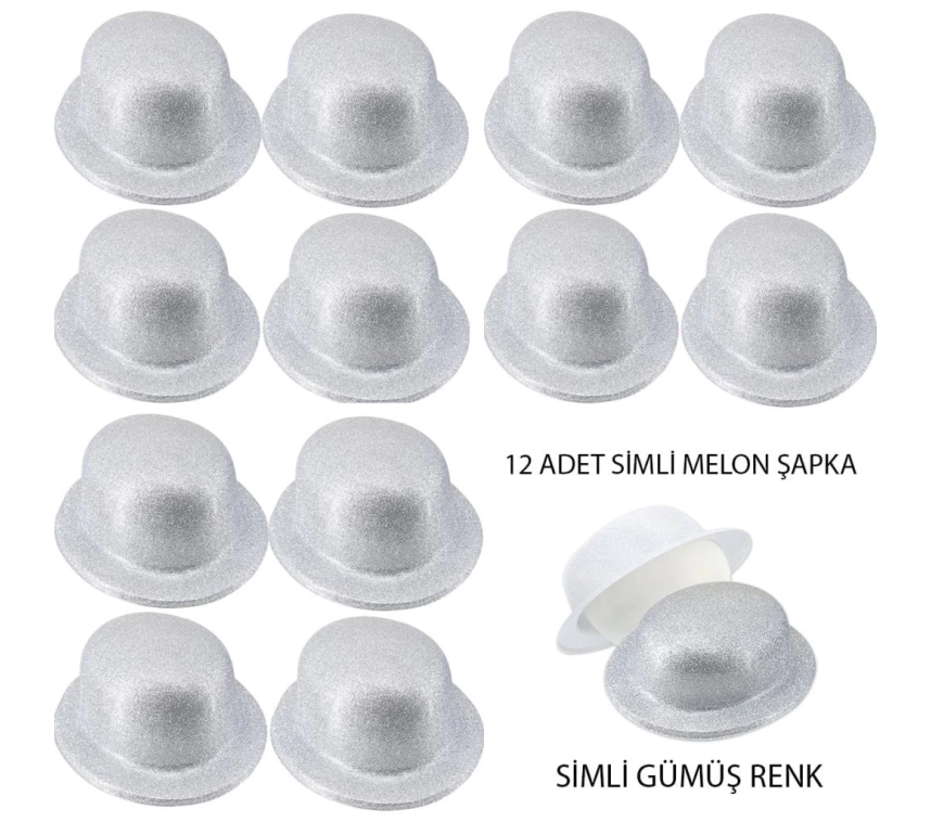 Nessiworld Gümüş Renk Simli Melon Yuvarlak Parti Şapkası 12 Adet