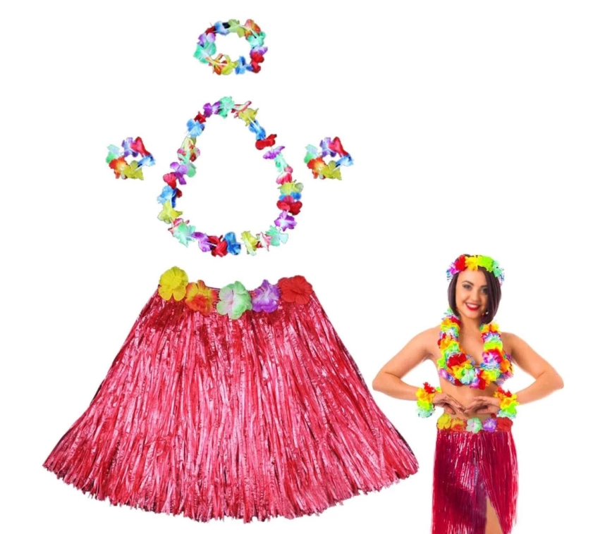 Nessiworld Hawaii Dans Kostümü – Kırmızı Hula Etek & Çiçek Kolye Seti