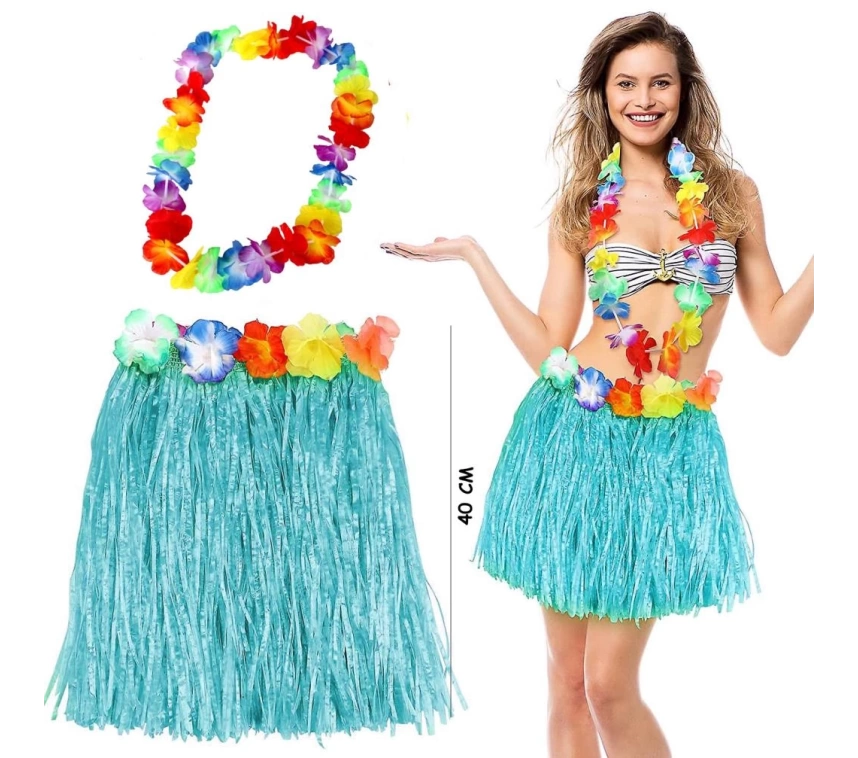 Nessiworld Hawaii Luau Aloha Mavi Püsküllü 40 cm Etek ve Hawaii Kolye Seti
