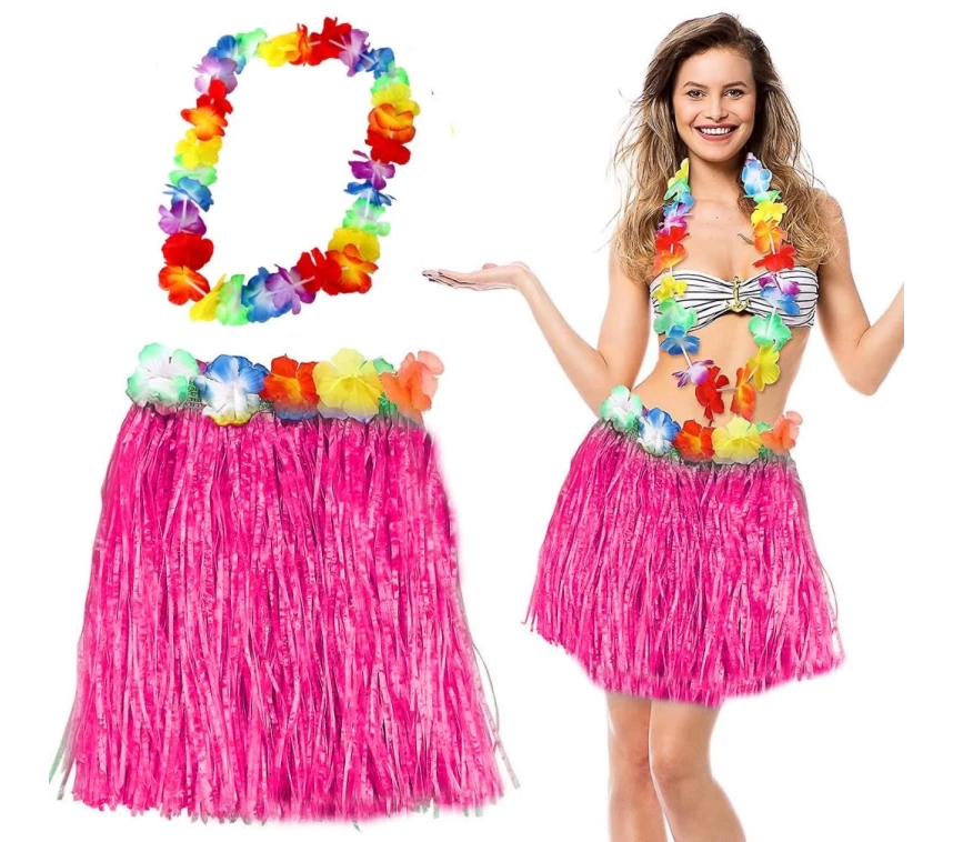 Nessiworld Hawaii Luau Aloha Pembe Püsküllü 40 cm Etek ve Hawaii Kolye Seti