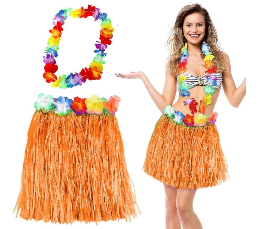Nessiworld Hawaii Luau Aloha Turuncu Püsküllü 40 cm Etek ve Hawaii Kolye Seti