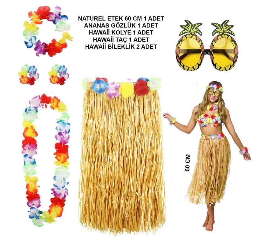 Nessiworld Hawaii Parti Kostüm Seti - 60 cm Hasır Etek, Çiçekli Aksesuarlar ve Ananas Gözlük