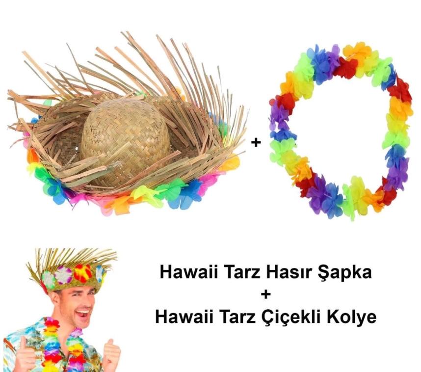 Nessiworld Hawaii Tarzı Tropikal Çiçekli Hasır Şapka ve Çiçekli Hawaii Kolye