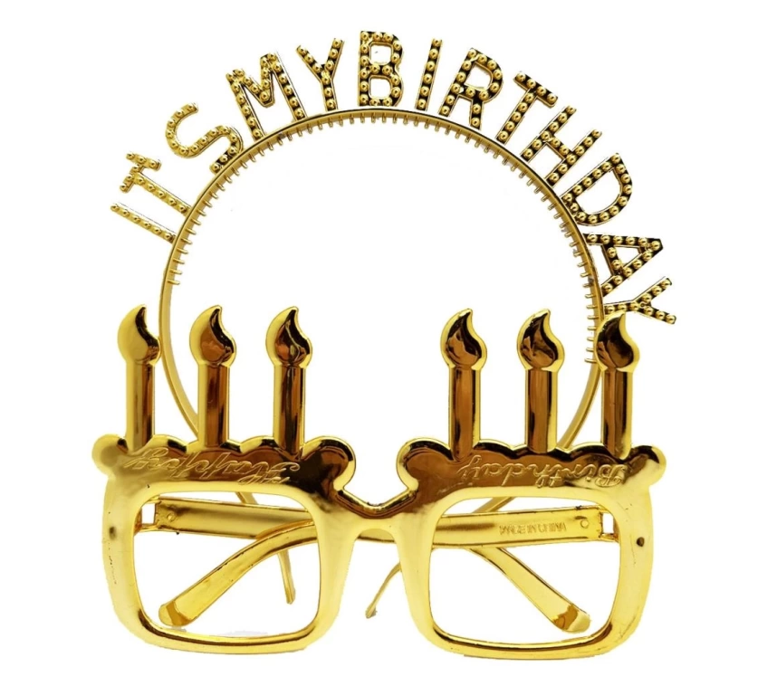 NessiWorld İt&#39;sMyBirthdayYazılıTaçveMumŞekilliGözlükSetiAltınRenk