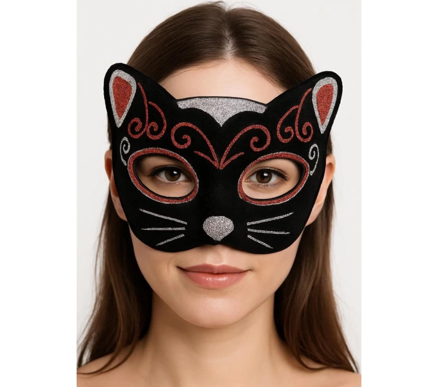 Nessiworld Kadife Dokulu Sim Detaylı Işıltılı Kedi Maskesi Kırmızı Gümüş 20x13 cm