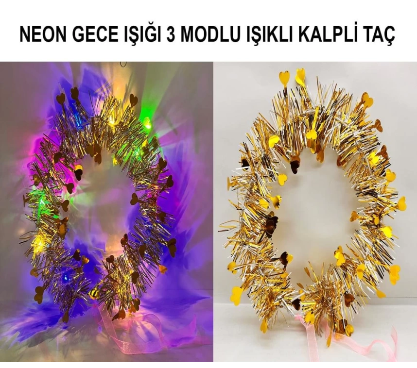 Nessiworld Kalp Püsküllü Gece Parıltısı 3 Modlu LED&#39;li Işıklı Taç Altın Renk