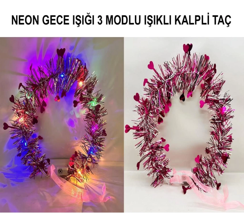 Nessiworld Kalp Püsküllü Gece Parıltısı 3 Modlu LED&#39;li Işıklı Taç Fuşya Renk