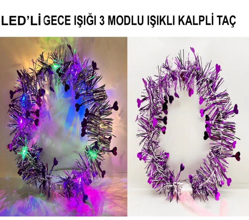 Nessiworld Kalp Püsküllü Gece Parıltısı 3 Modlu LED&#39;li Işıklı Taç Mor Renk
