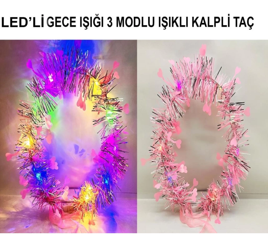 Nessiworld Kalp Püsküllü Gece Parıltısı 3 Modlu LED&#39;li Işıklı Taç Pembe Renk