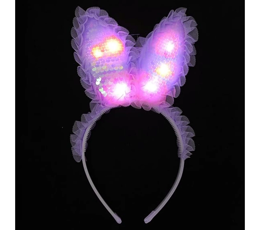 Nessiworld   Kenarları Dantelli Mor Pullu Payetli Led Işıklı Tavşan Kulak Taç 23x19 cm