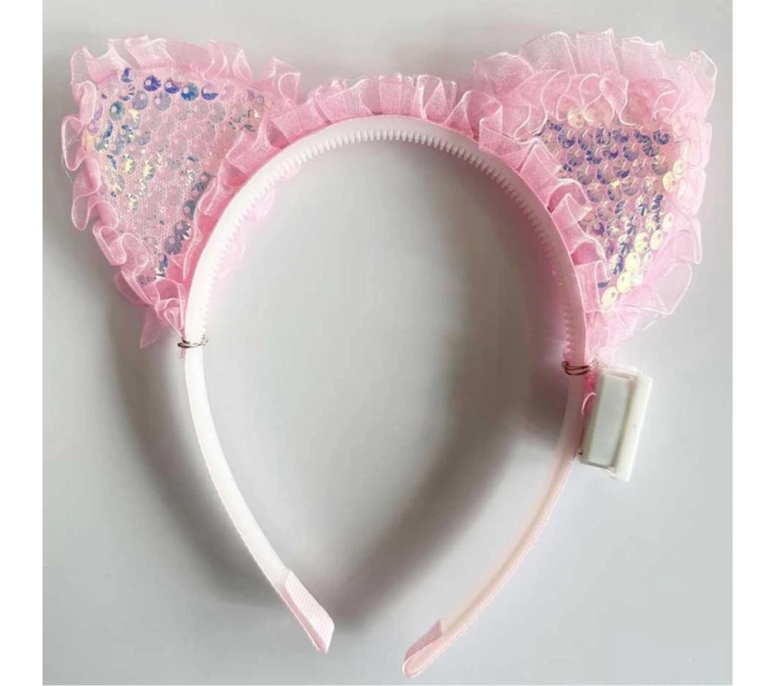 Nessiworld   Kenarları Dantelli Pembe Pullu Payetli Led Işıklı Kedi Kulak Taç 17x19 cm