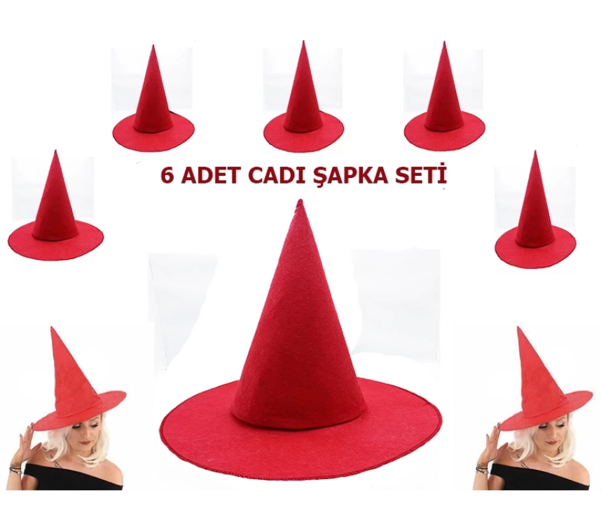 Nessiworld   Kırmızı Renk Keçe Cadı Şapkası Yetişkin Çocuk Uyumlu 6 Adet
