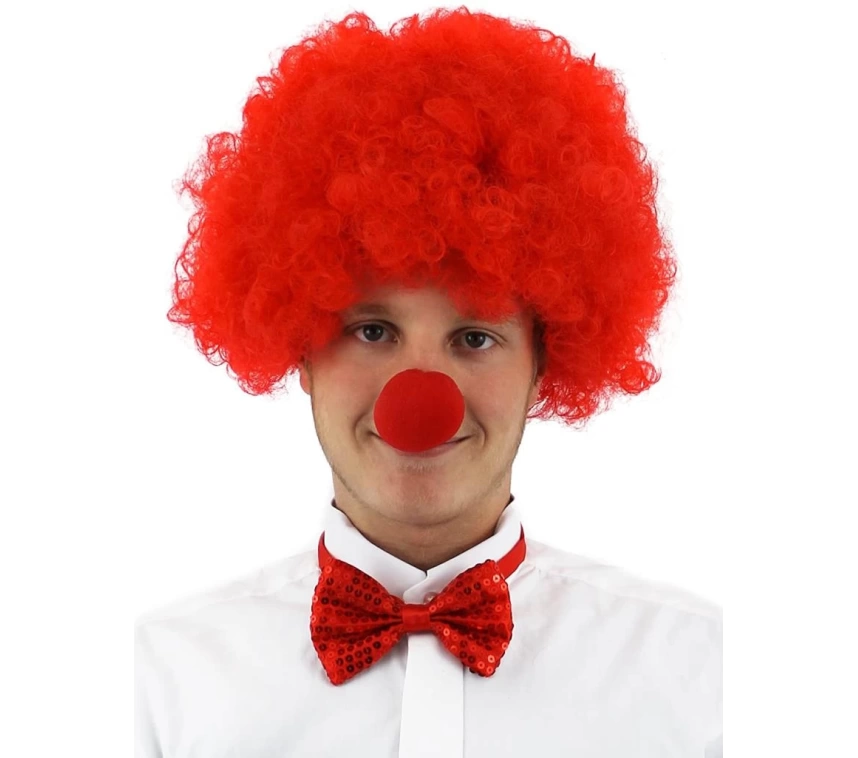 Nessiworld   Kırmızı Renk Kıvırcık Afro Bonus Peruk Takma Saç ve Kırmızı Burun Seti