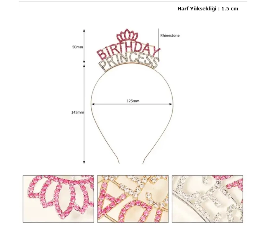 Nessiworld Kristal Taşlı Pembe Birthday Princess Yazılı Parti Tacı 19x11 cm