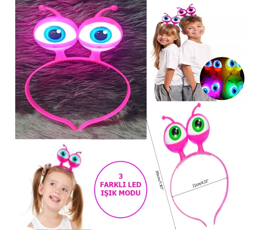 Nessiworld Led Işıklı & Pilli 3 Farklı Modda Yanan Uzaylı Göz Parti Tacı Pembe Renk 18x12 cm