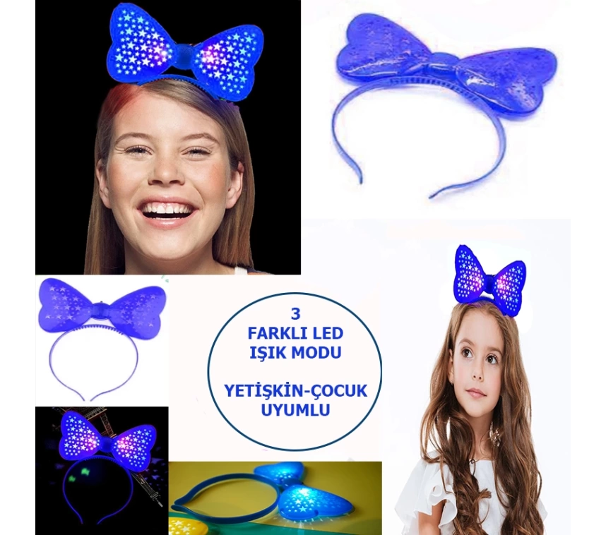 Nessiworld Led Işıklı & Pilli 3 Farklı Modda Yanan Yıldızlı Fiyonk Parti Tacı Mavi Renk 19x15 cm