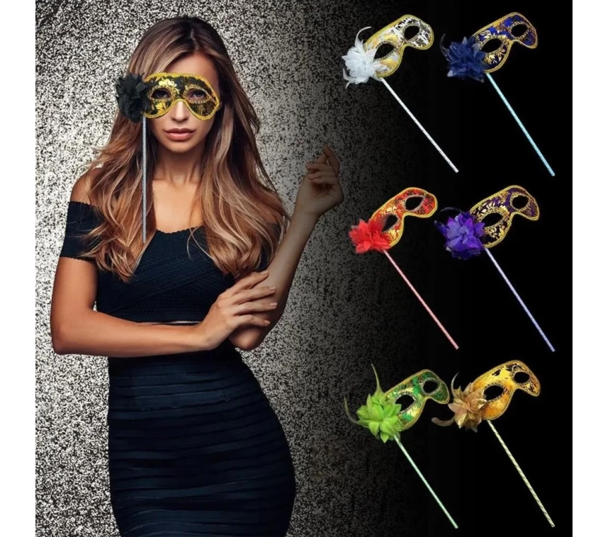 Nessiworld Lüks Taşlı Saplı Maskeli Balo Maskesi Altın Renk 35 cm