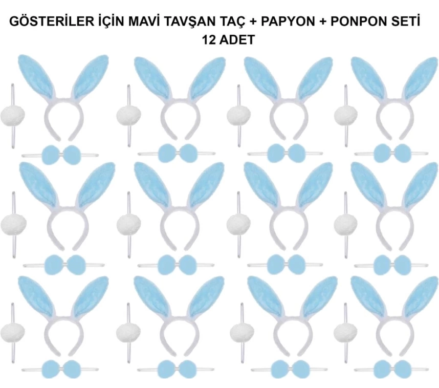 Nessiworld Mavi Tavşan Kostüm Seti – Taç, Papyon, Ponpon (12’li Paket)
