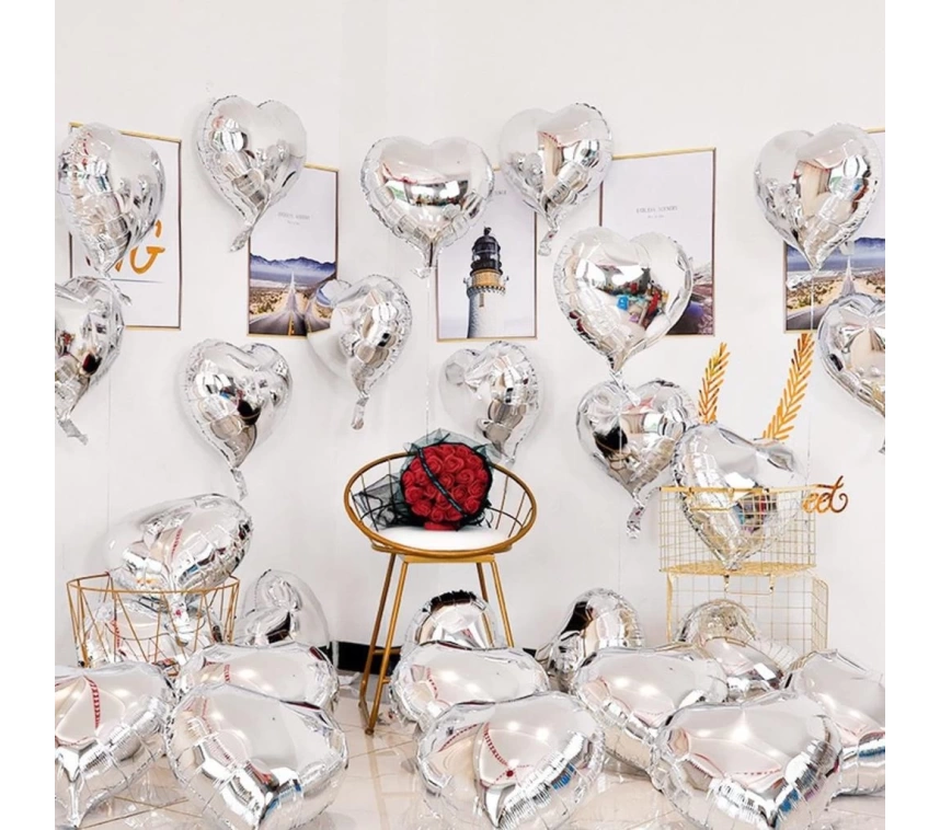 Nessiworld Metalize Parlak Gümüş Şekilli Kalp Uçan Balon Folyo 45 cm 10 Adet