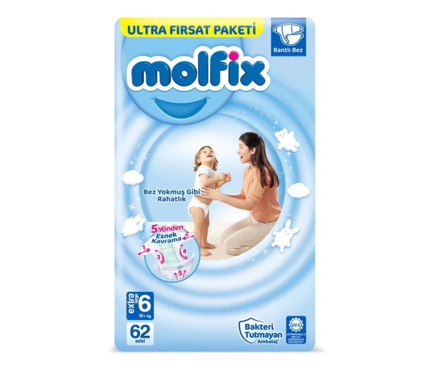 Nessiworld Molfix Bebek Bezi Ultra Fırsat Paketi 6 Beden 15+ Kg 62 Adet
