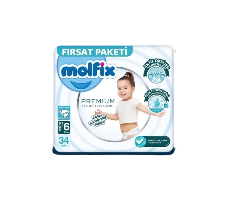 Nessiworld Molfix Premium Bebek Bezi Fırsat Paketi 6 Beden 15+ Kg 34 Adet