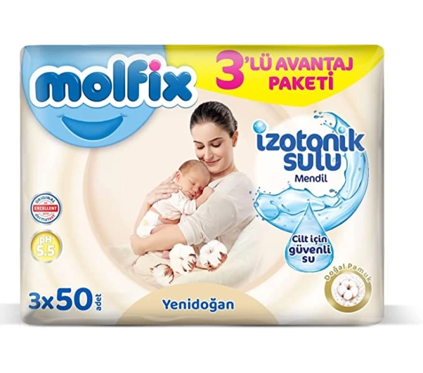 Nessiworld Molfix Yenidoğan İzotonik Sulu Doğal Pamuk Islak Havlu Mendil 3Lü 150 Yaprak