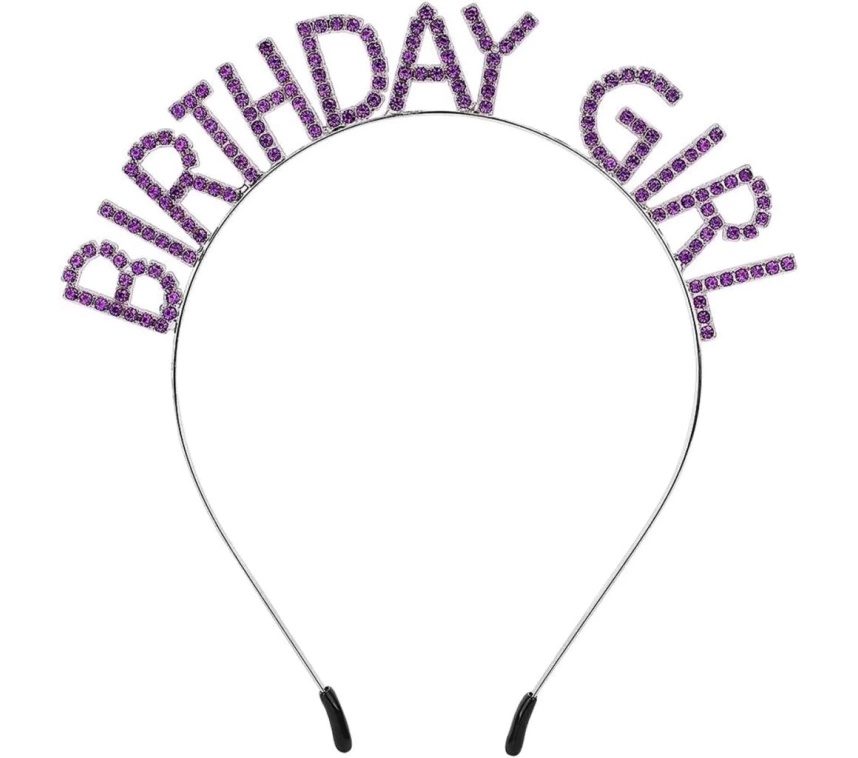 NessiWorld Mor Renk Kristal Taşlı Parlak Birthday Girl Yazılı Taç 16x17 cm
