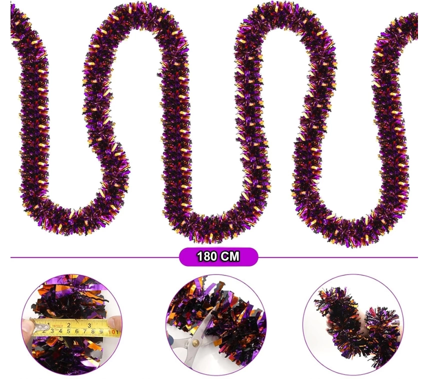 Nessiworld Mor Turuncu Renk 4 cm Genişlik Garland Çift Renk Sim Süs 180 cm