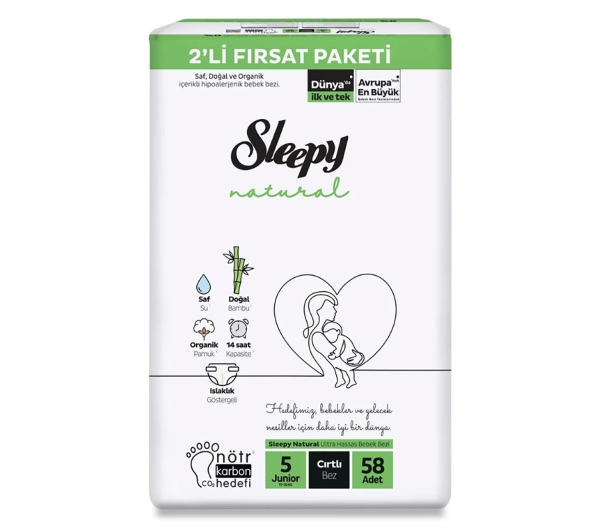 Nessiworld  Natural Bebek Bezi 2Li Fırsat Paketi 5 Beden 58 Adet