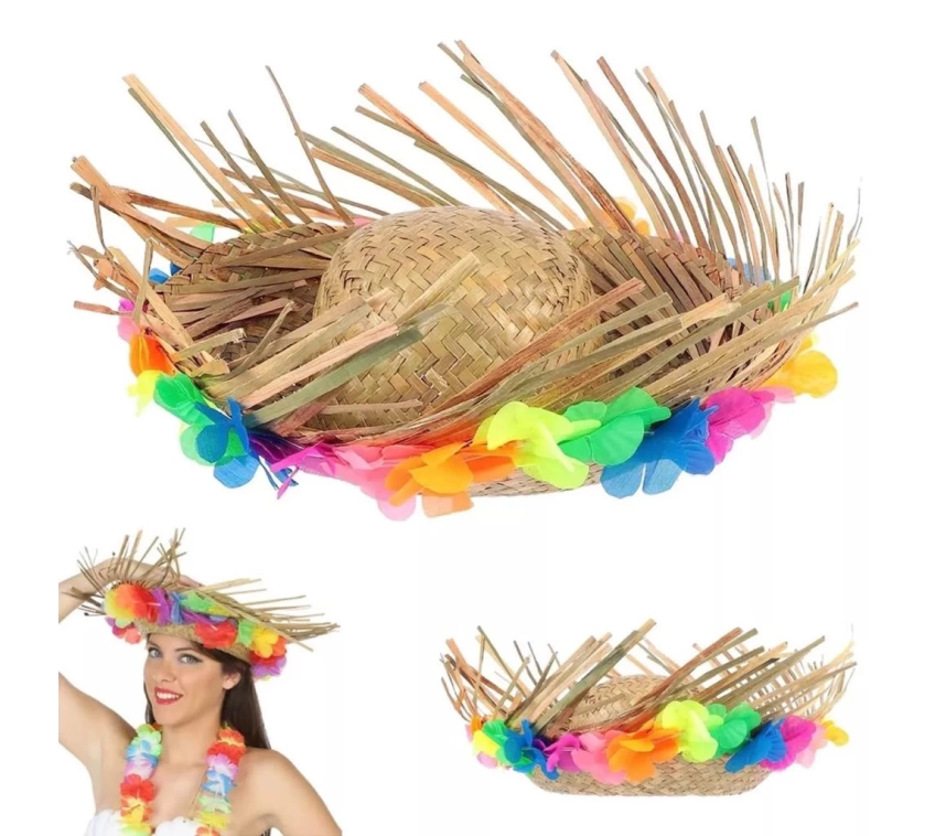 Nessiworld Naturel Renk Püsküllü Örme Hasır Hawaii Luau Aloha Şapka 13x36 cm
