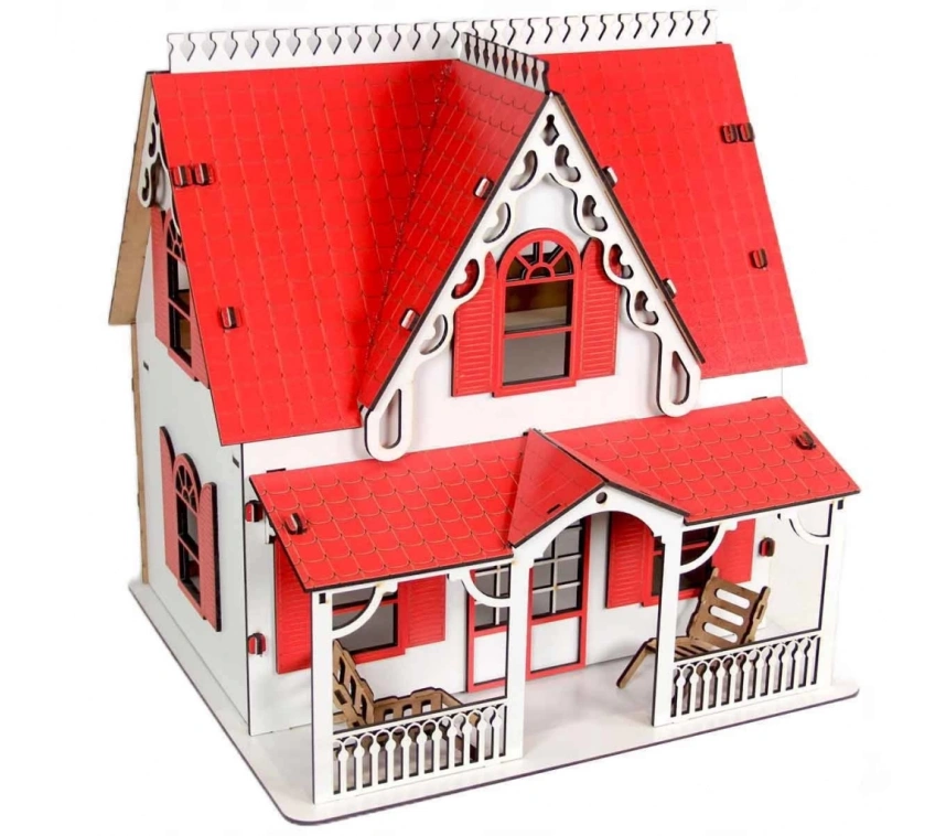 Nessiworld Oyuncak Ahşap Kırmızı Villa Ev 15 Parça