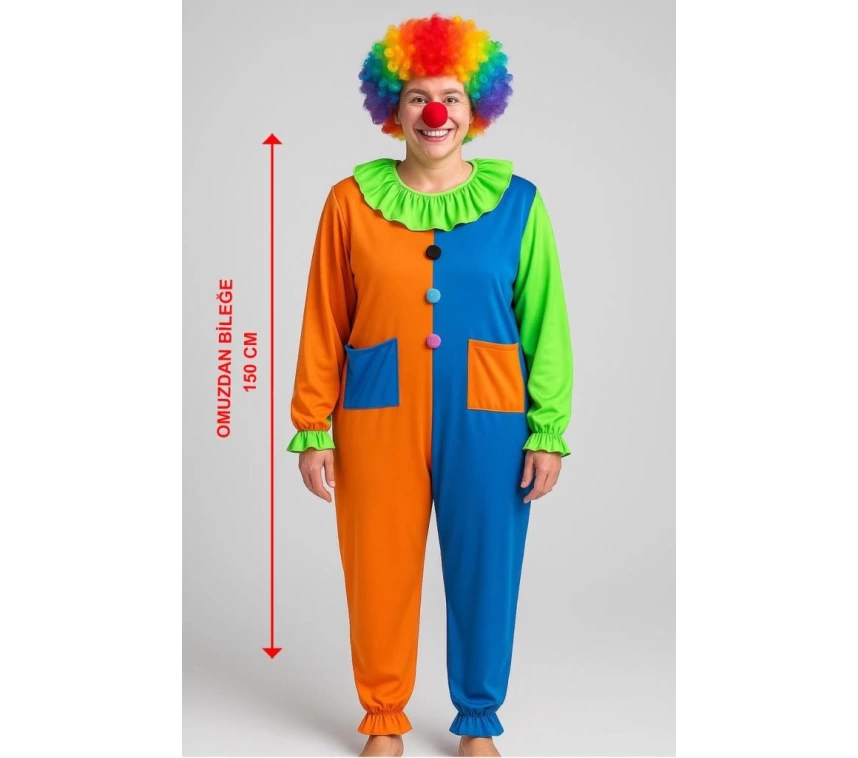 Nessiworld Palyaço Kostüm Seti 150 cm (Peruk + Burun + Kostüm)
