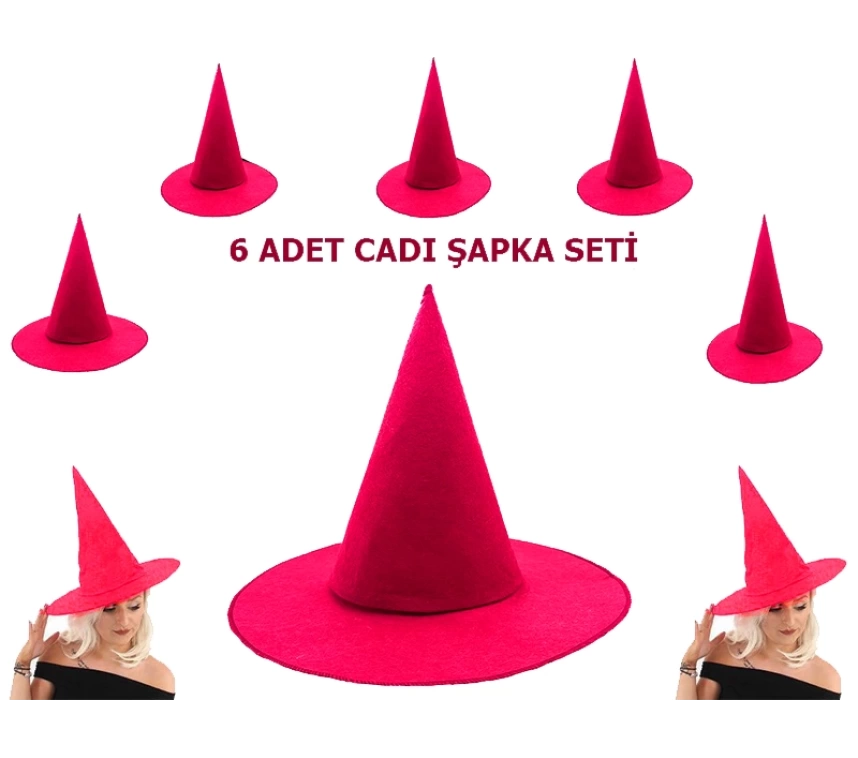 Nessiworld   Pembe Fuşya Renk Keçe Cadı Şapkası Yetişkin Çocuk Uyumlu 6 Adet