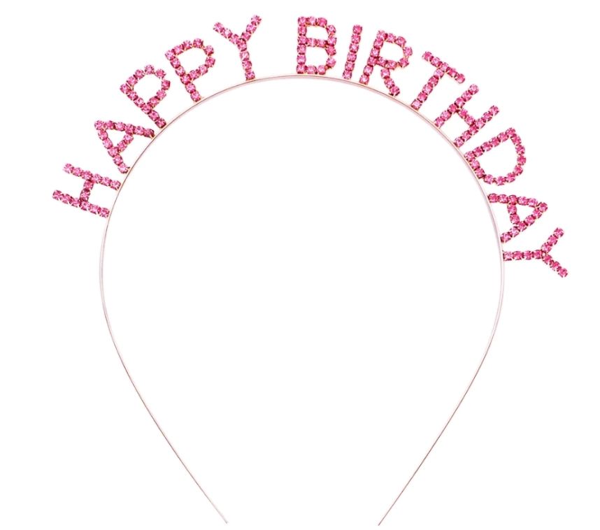 NessiWorld Pembe Renk Kristal Taşlı Gold Renk Kaplama Happy Birthday Taç 16x17 cm