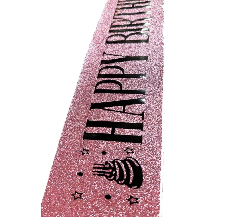 NessiWorld Pembe Üzeri Siyah Büyük Happy Birthday Yazılı Simli Işıltılı Kuşak Kemer 10 cm Genişlik