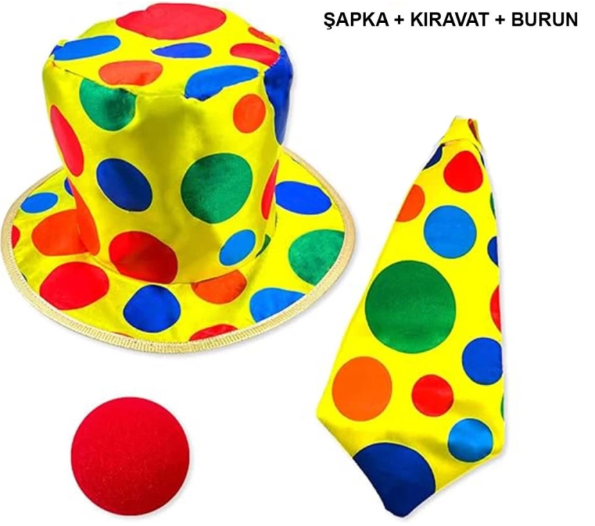 Nessiworld Renkli Palyaço Kostüm Seti – 3 Parça Aksesuar (Şapka, Kravat, Burun)