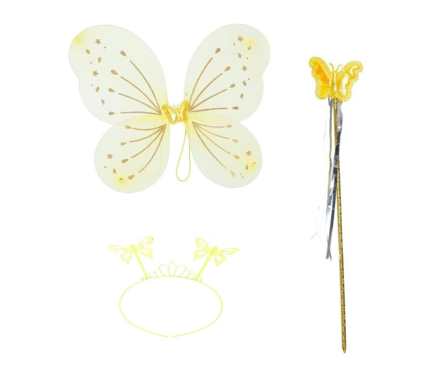 Nessiworld Sarı Kelebek Erkek-Kız Seti – 50 cm Kelebek Kanadı, Taç ve Asa