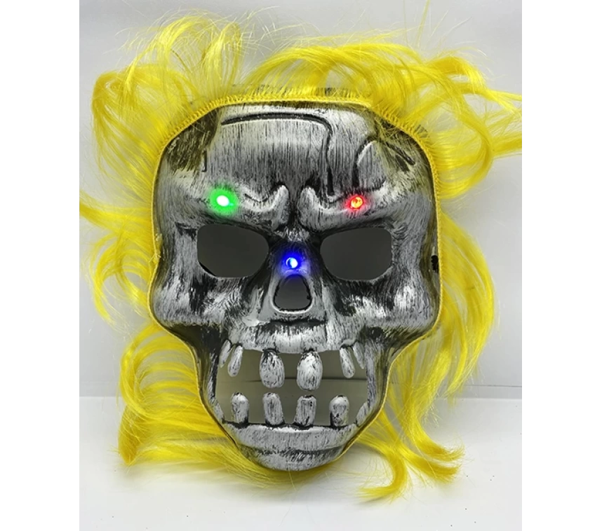 NessiWorld Sarı Saçlı Led Işıklı Kuru Kafa İskelet Korku Maskesi 22x25 cm