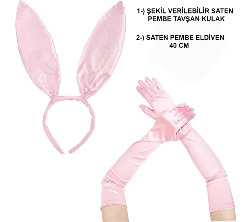 Nessiworld Saten Kaplama Soft Pembe Eldiven 40 cm ve Tavşan Kulak 2 li Set