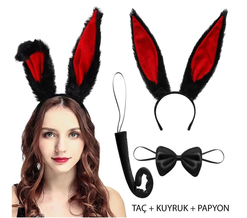 Nessiworld   Siyah Kırmızı Renk Peluş Tavşan Kulak Papyon Kuyruk Yetişkin Boy